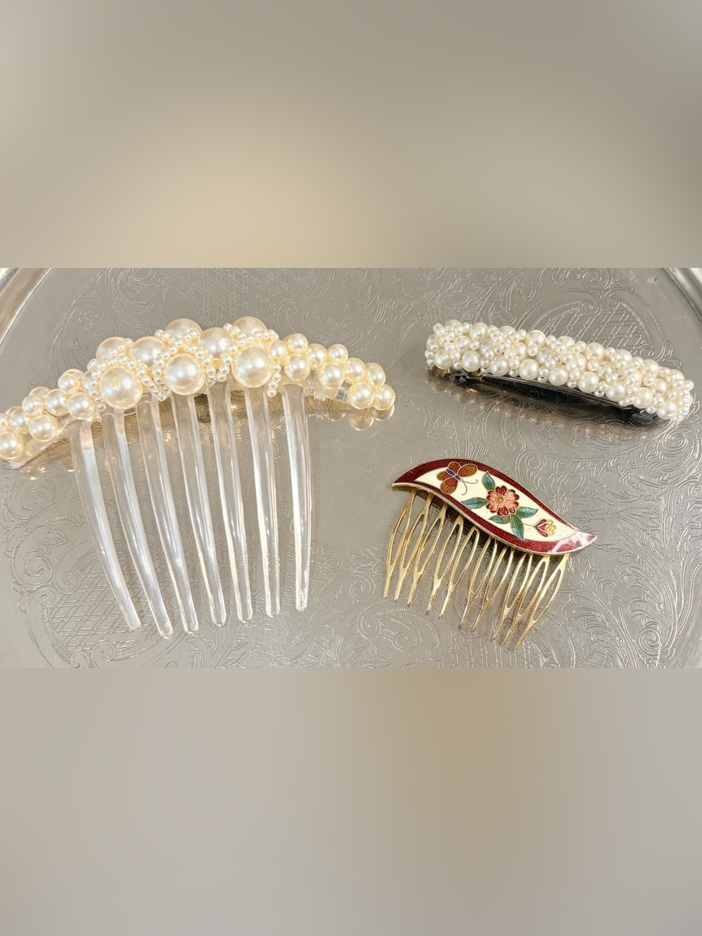 Vintage Pearl Hair Barrettes Combs Bundle